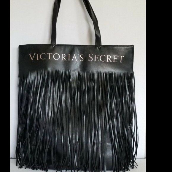 Victoria’s Secret Exclusive Fashion Show Faux Leather Black Fringe Tote Bag A++ - Picture 3 of 7
